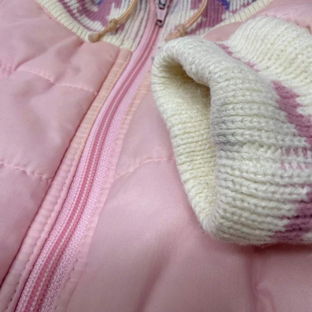 Vintage 80s Baby Girl Pink Puffer Jacket 18M Rocking Horse Knit Hooded